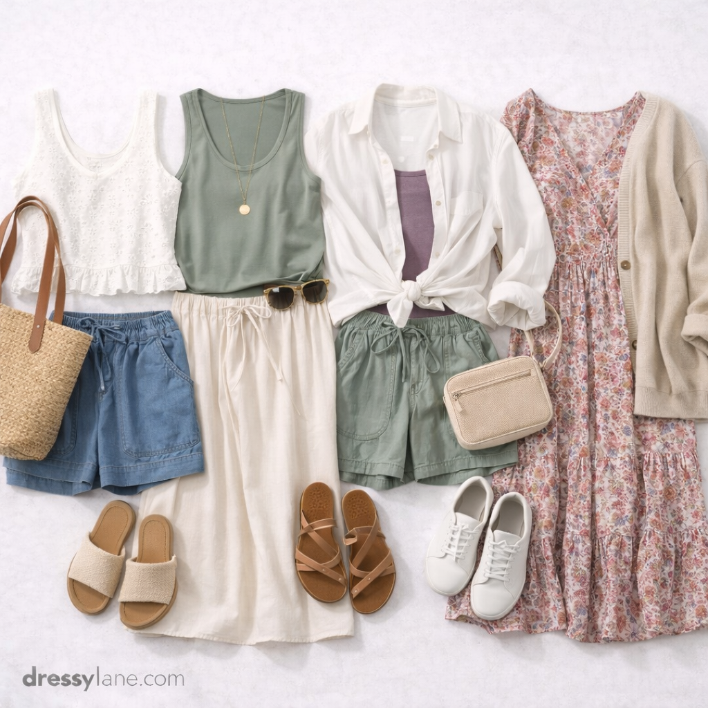 Flat lay of women’s travel outfits made from lightweight, breathable clothing pieces designed to stay cool while traveling.