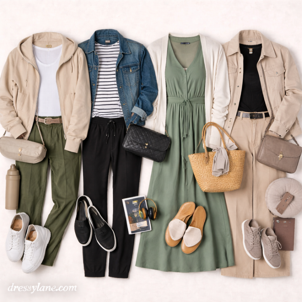 Flat lay of women’s travel outfits featuring comfortable dresses, joggers, jackets, sneakers, flats, and functional accessories.
