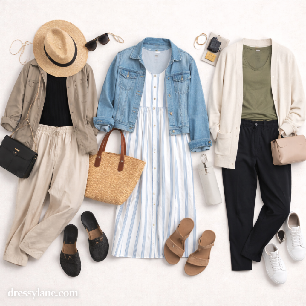 Flat lay of women’s rewearable travel outfits featuring lightweight jackets, dresses, comfortable pants, walking shoes, and travel-ready accessories.