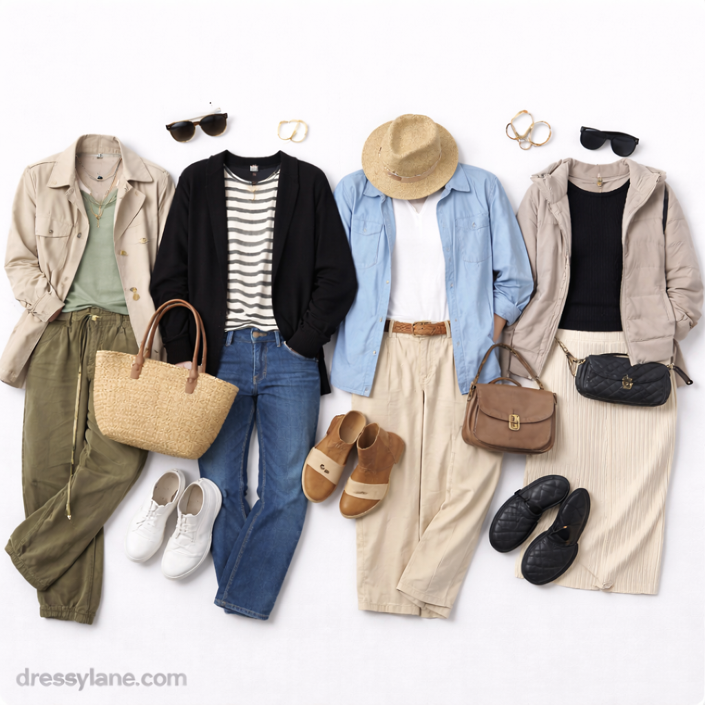 Flat lay of women’s travel outfits featuring comfortable pants, layered tops, lightweight jackets, shoes, and accessories styled for confident travel.