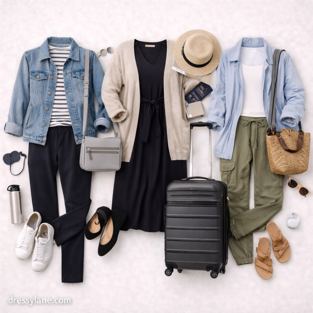 Flat lay of women’s travel outfits designed to pack light, featuring versatile clothing and accessories for travel without overpacking.