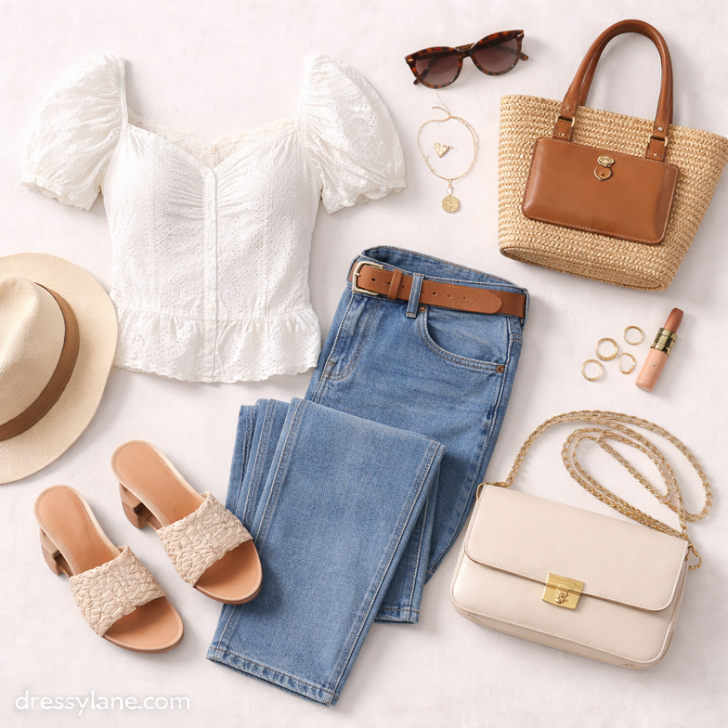 A women’s flat lay featuring a white blouse, straight-leg jeans, woven sandals, straw tote, crossbody bag, sunglasses, hat, and gold jewelry arranged neatly.