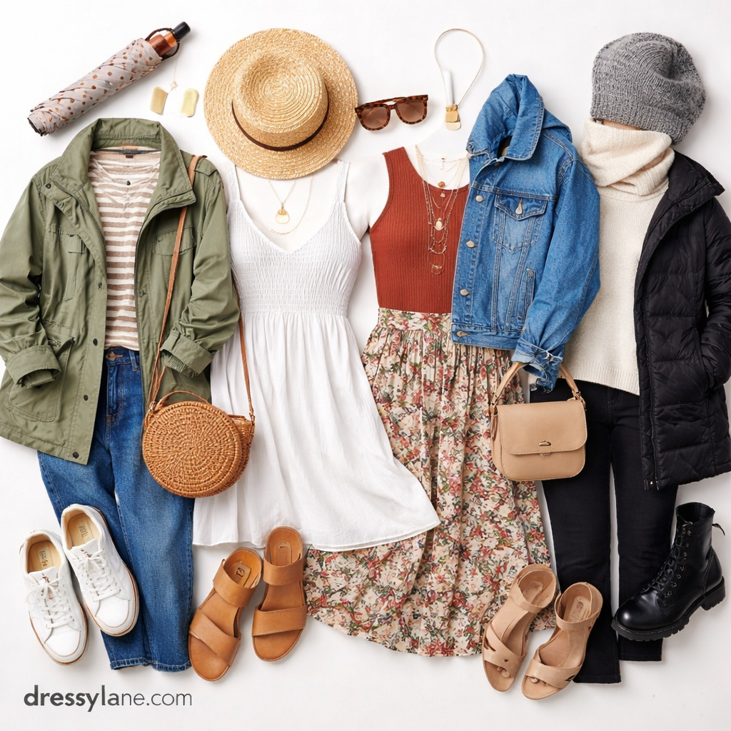 Flat lay of women’s clothing outfits styled for different weather conditions, including jackets, dresses, layers, shoes, and accessories for seasonal outfit planning.
