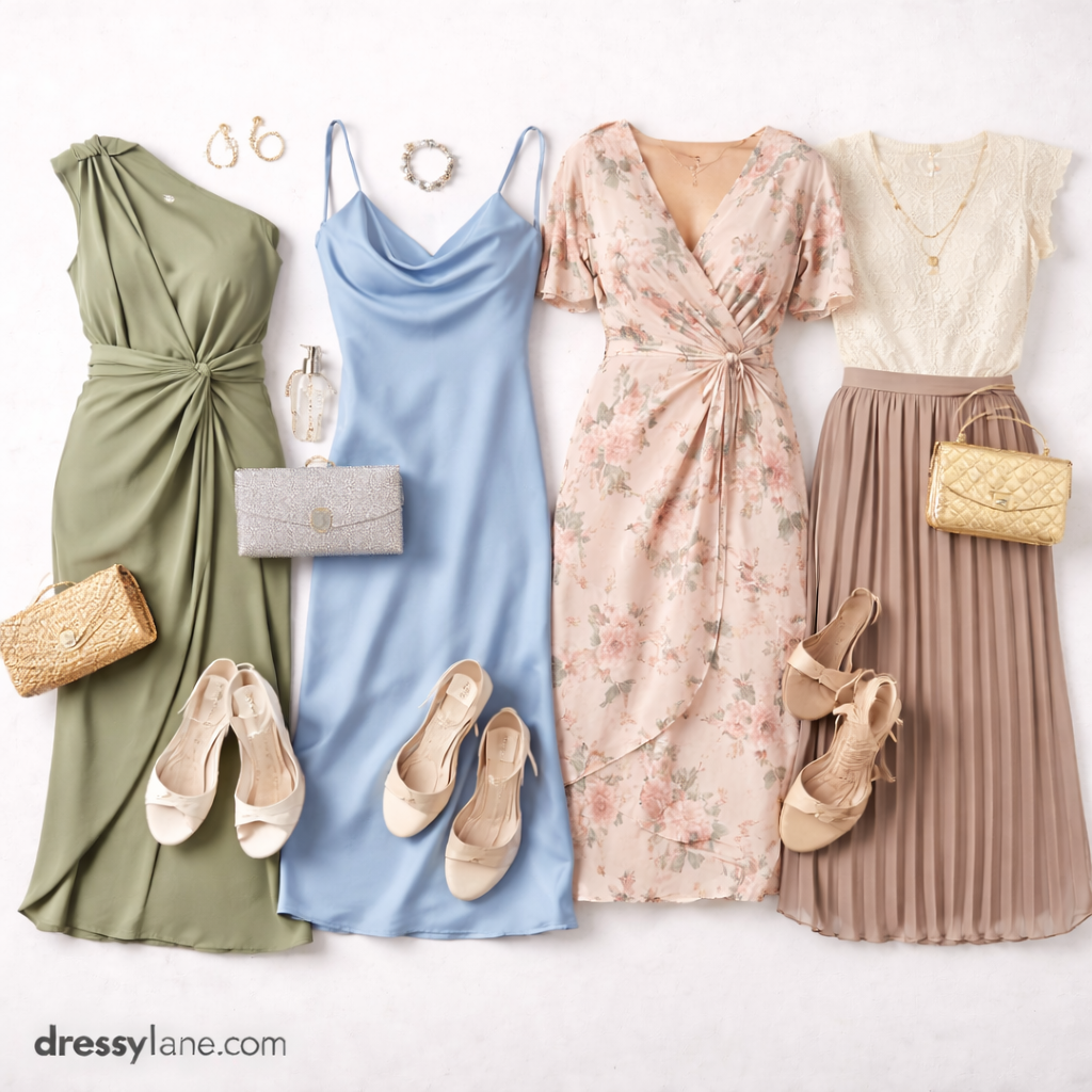 Flat lay of women’s wedding guest outfits styled from classic dresses, skirts, and accessories suitable for formal and semi-formal events.