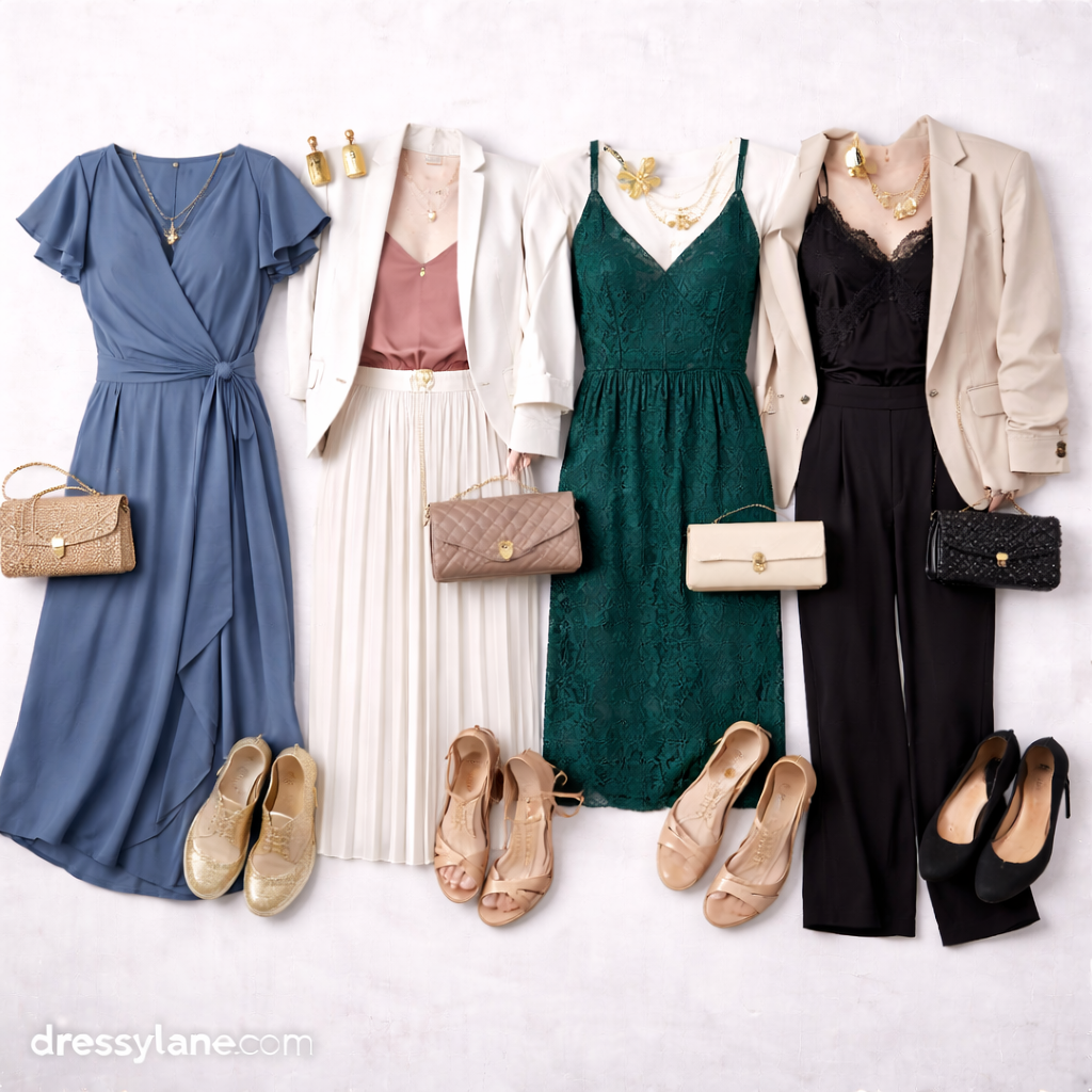 Flat lay of women’s wedding guest outfits featuring elegant dresses, dressy separates, and coordinated accessories styled on a neutral background.