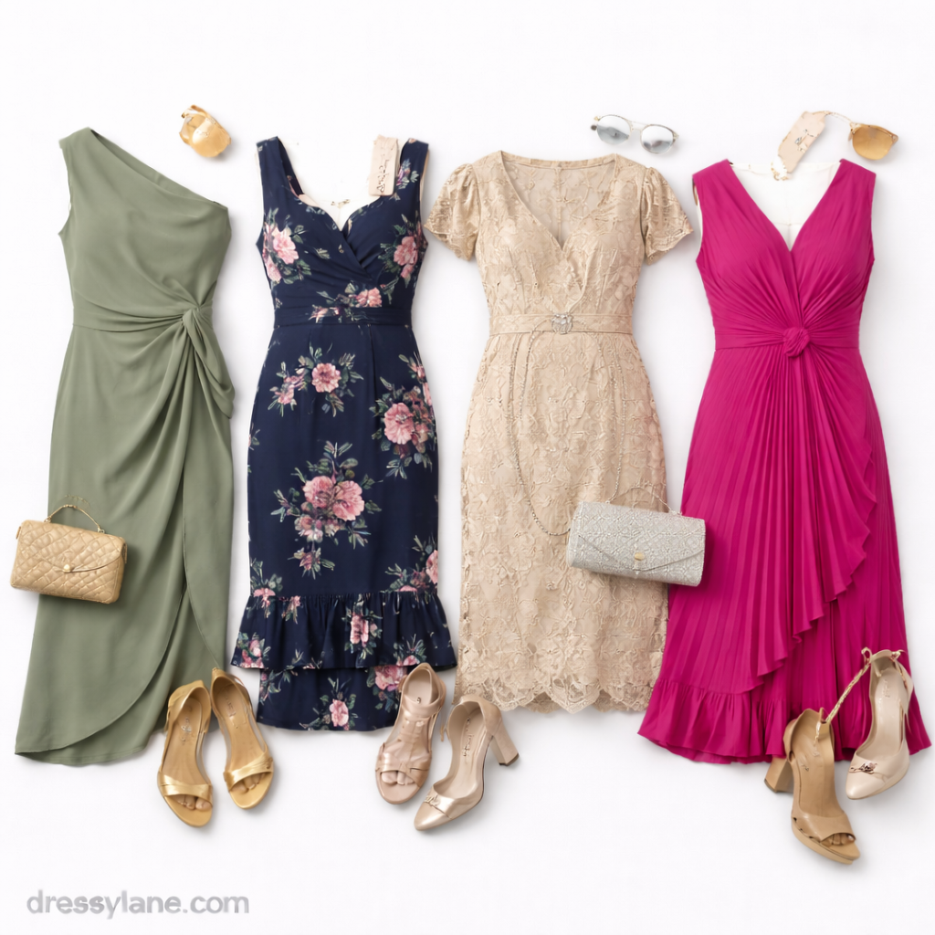 Flat lay of women’s wedding guest outfits featuring dresses and accessories styled to balance formal and semi-formal wedding dress codes.