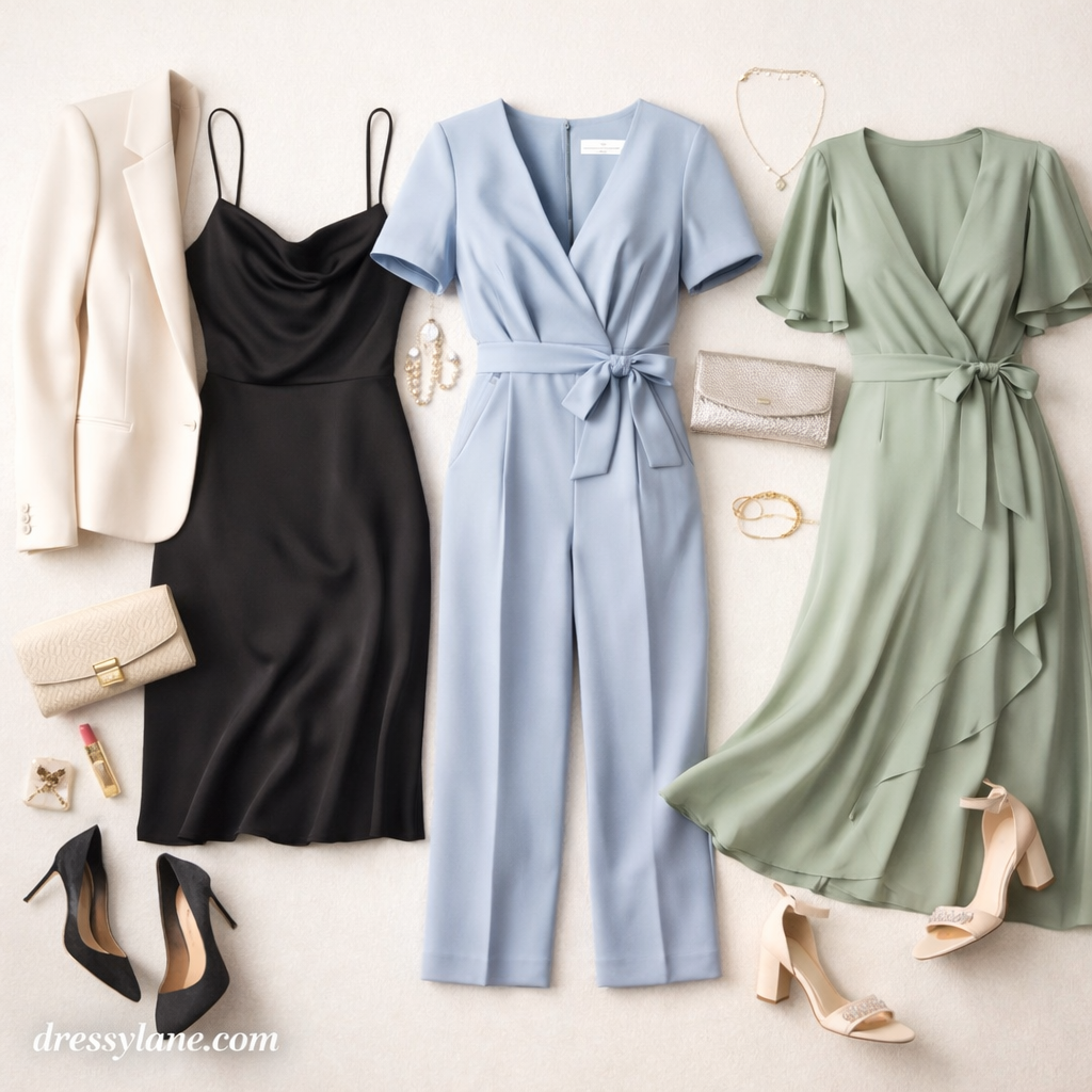 Flat lay of women’s wedding outfit basics featuring dresses, a jumpsuit, heels, handbags, and elegant accessories arranged for formal events.