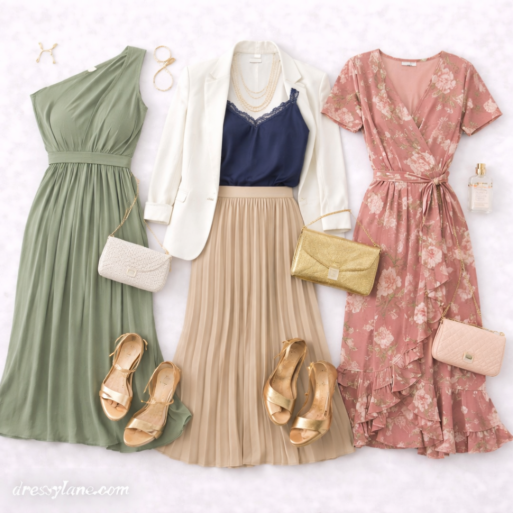 Flat lay of women’s wedding guest outfits styled from existing wardrobe pieces, featuring elegant dresses, skirts, blazers, shoes, and accessories.
