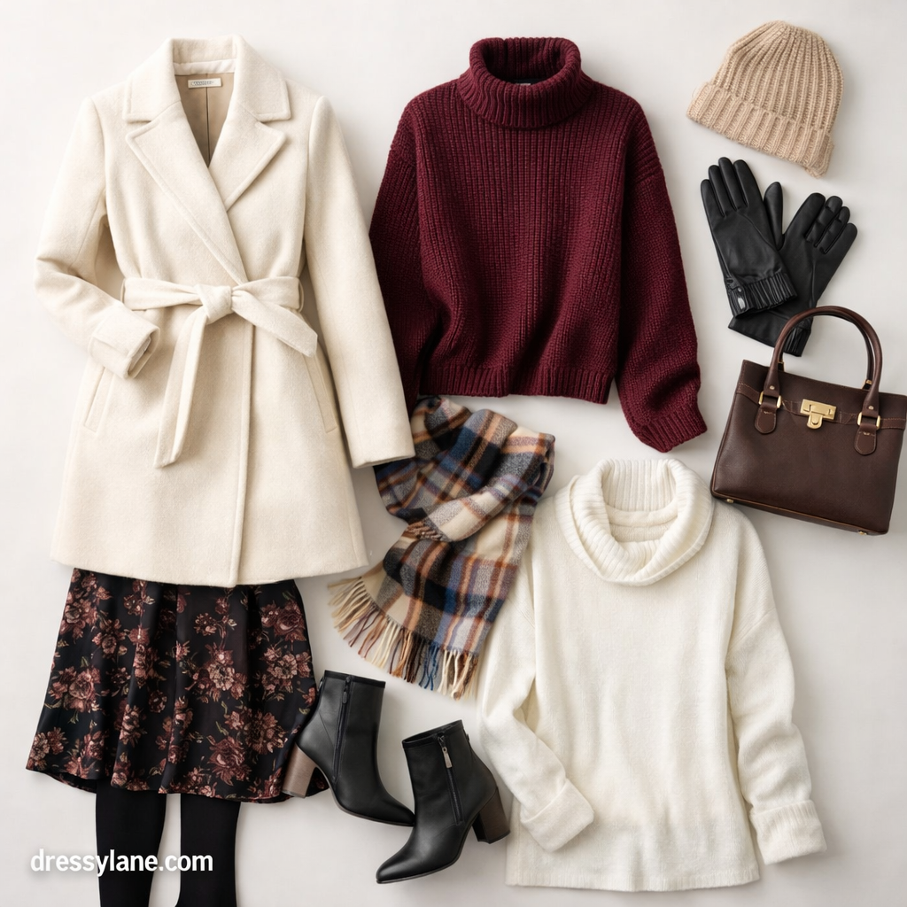 Flat lay of women’s winter clothing including a wrap coat, knit sweaters, scarf, ankle boots, handbag, gloves, and beanie arranged for short winter days.