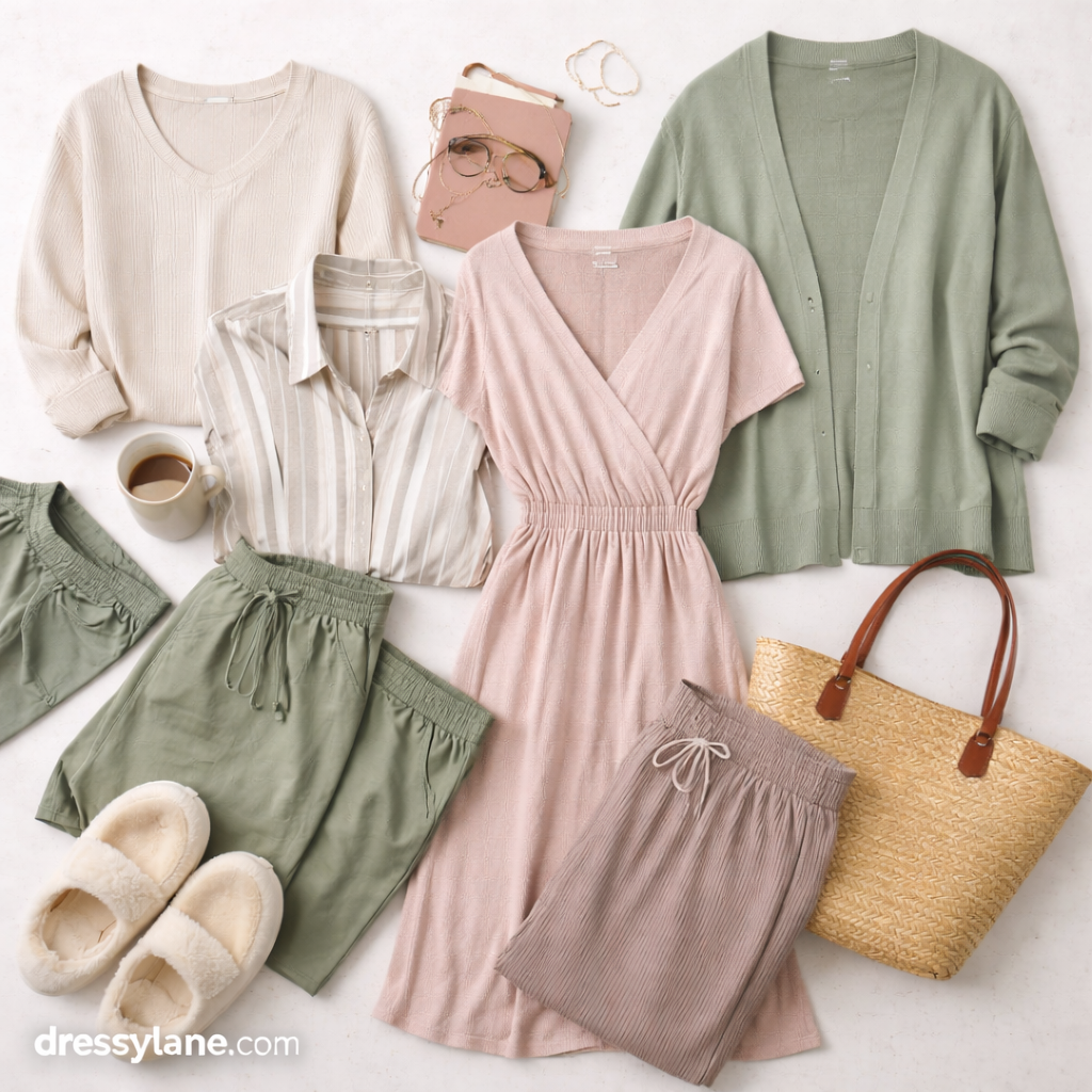 Flat lay of women’s work-from-home clothing featuring comfortable, soft fabrics designed for all-day wear.