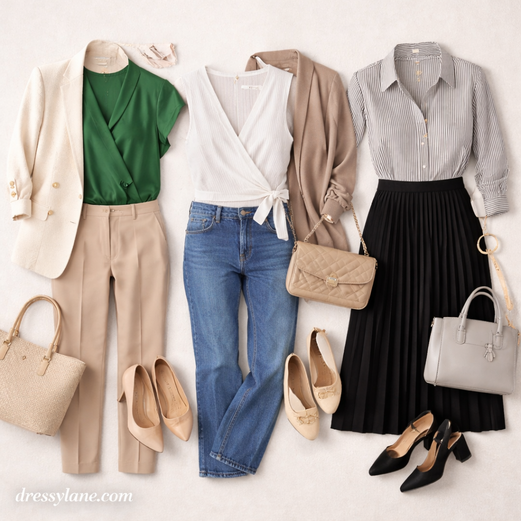 Flat lay of women’s comfortable work outfit basics featuring trousers, blouses, jeans, skirts, blazers, and polished accessories.
