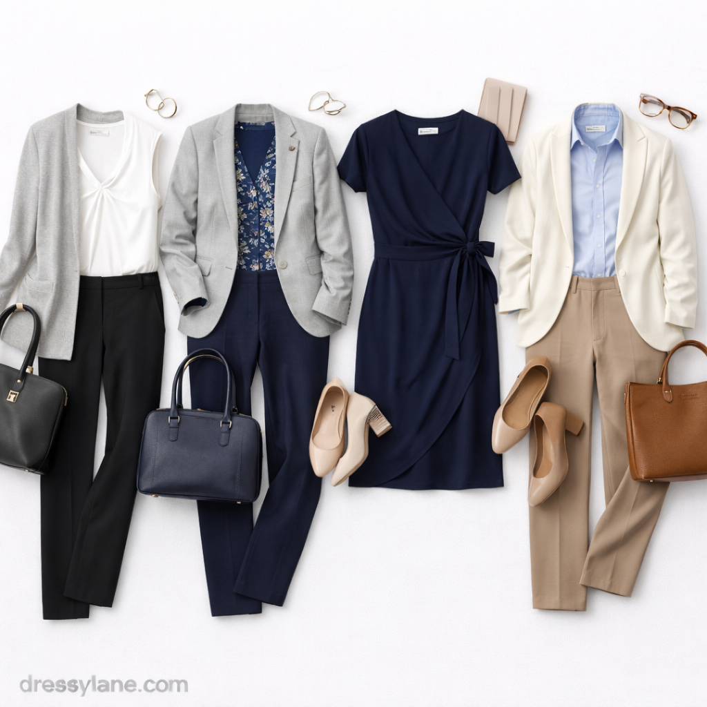 Flat lay of women’s work outfits featuring tailored pants, blazers, dresses, shoes, and accessories designed for comfort during long workdays.