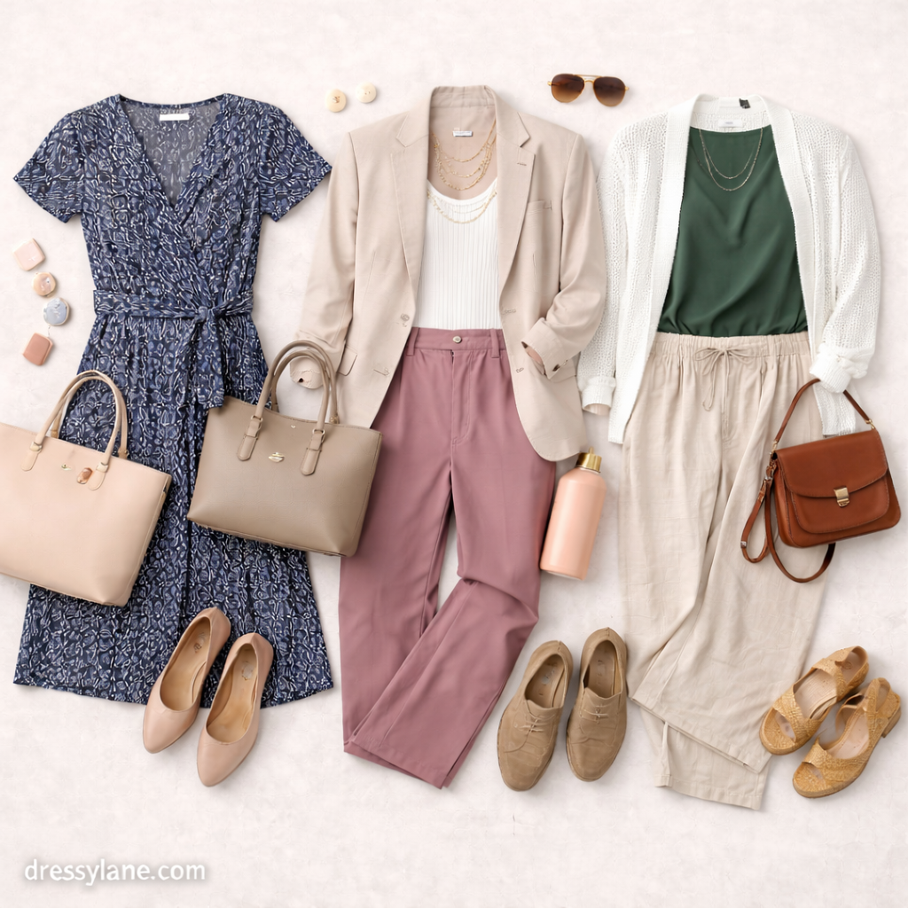 Flat lay of women’s work outfits designed for walking-heavy workdays, featuring comfortable and professional clothing.