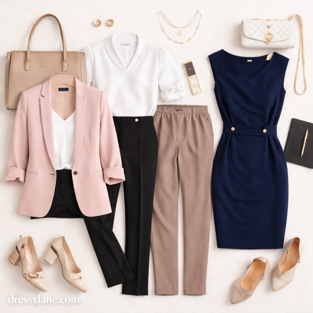 Flat lay of women’s work uniform essentials including blazers, trousers, a professional dress, shoes, and accessories in neutral tones.