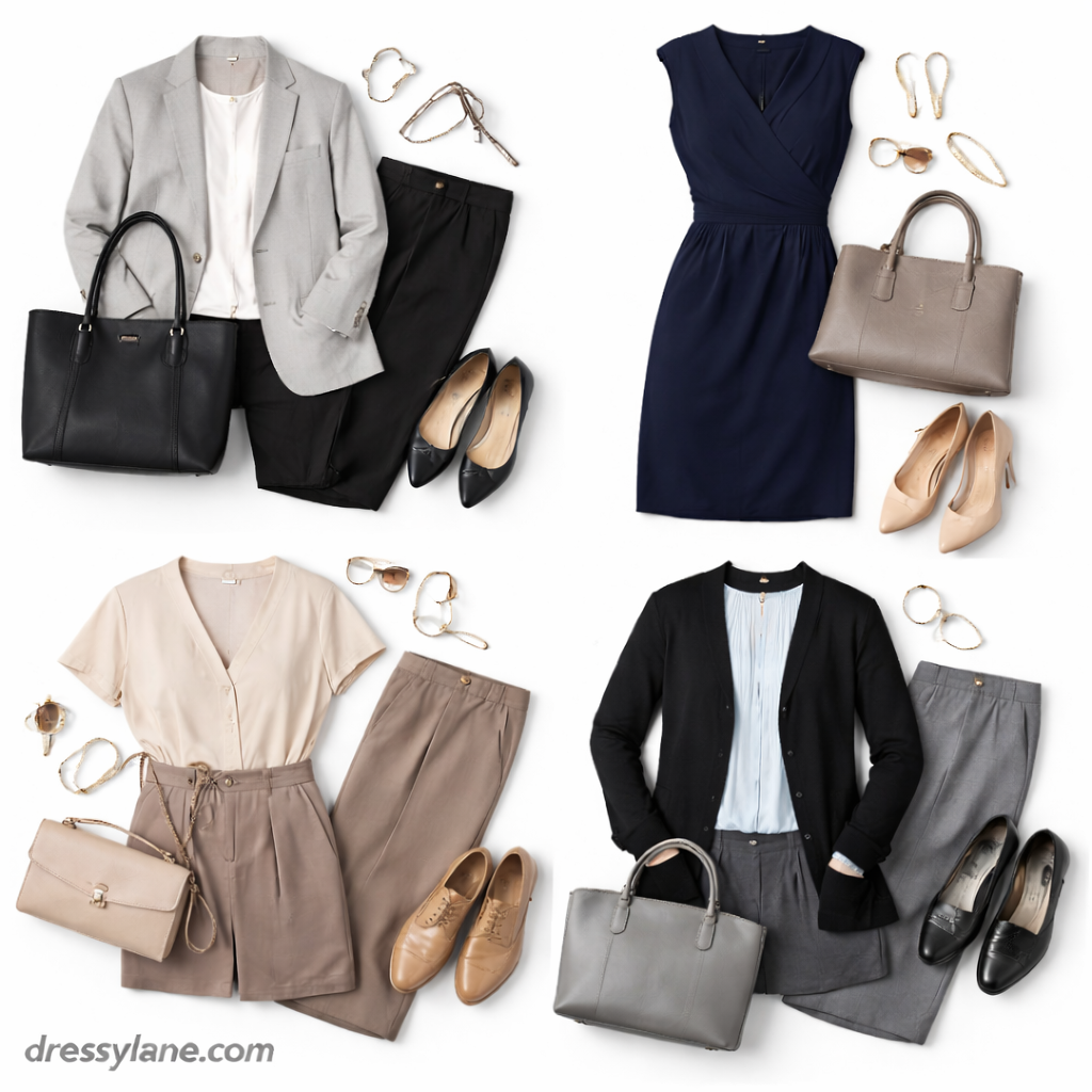 Flat lay of women’s neutral work outfits featuring blazers, dresses, trousers, flats, handbags, and subtle accessories designed to blend into a professional office environment.