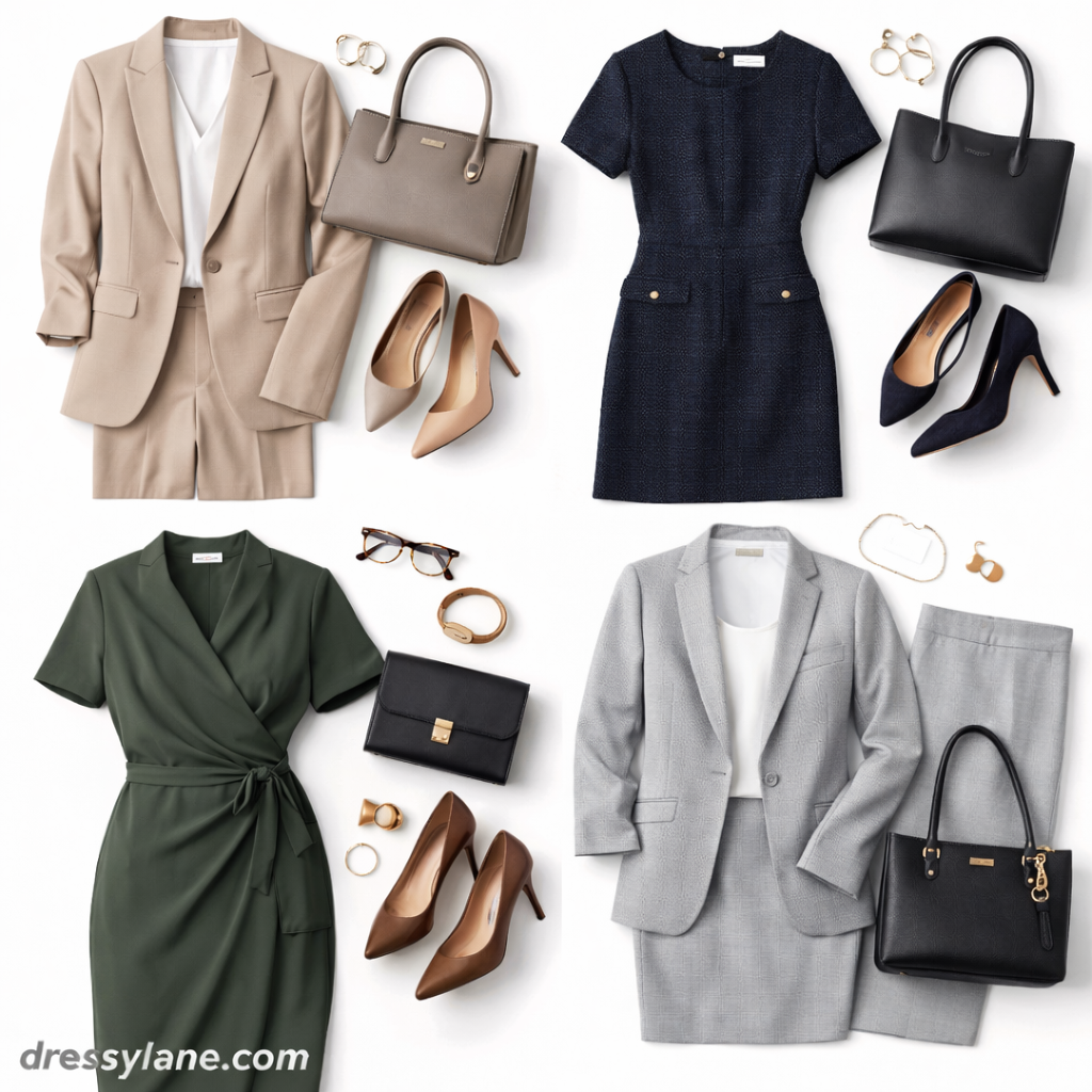 Flat lay of women’s professional work outfits featuring tailored blazers, dresses, heels, handbags, and subtle accessories designed to stand out subtly at work.