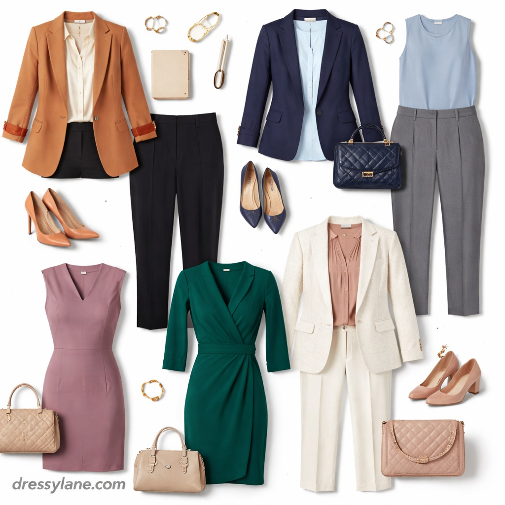 Flat lay of women’s professional workwear including blazers, blouses, dresses, trousers, shoes, and handbags styled for traditional industries.