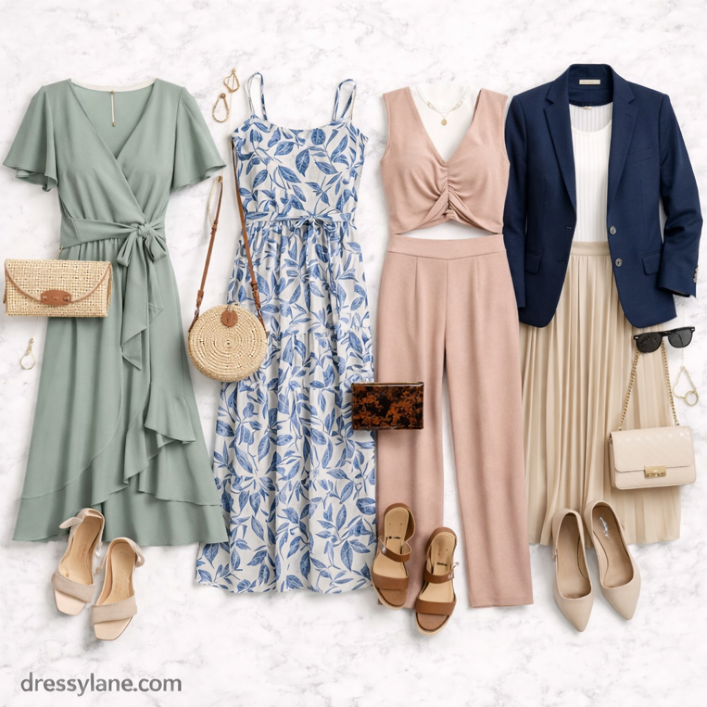 Flat lay of women’s all-day social event outfits featuring dresses, coordinated sets, blazers, skirts, footwear, and accessories styled for comfort and versatility.