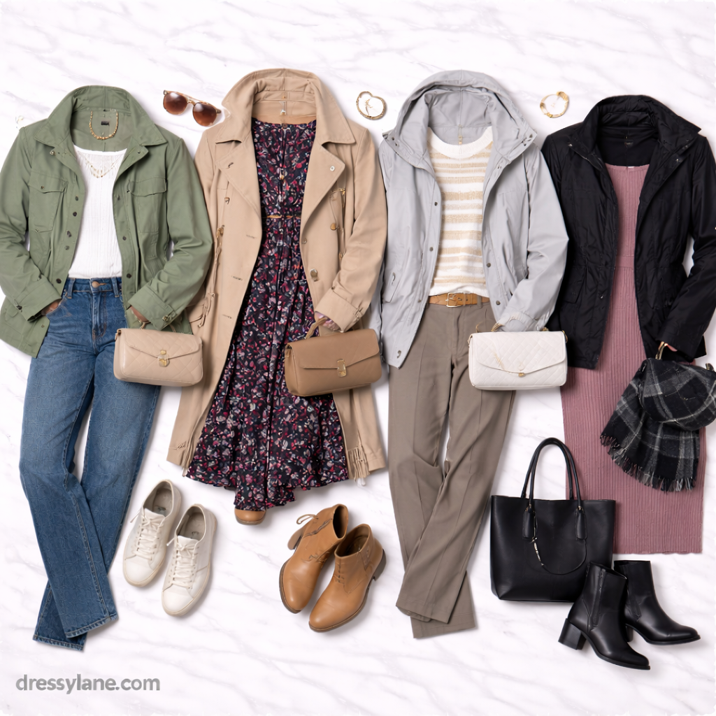 Flat lay of women’s layered outfits featuring jackets, dresses, pants, shoes, and accessories designed for unpredictable and changing weather.