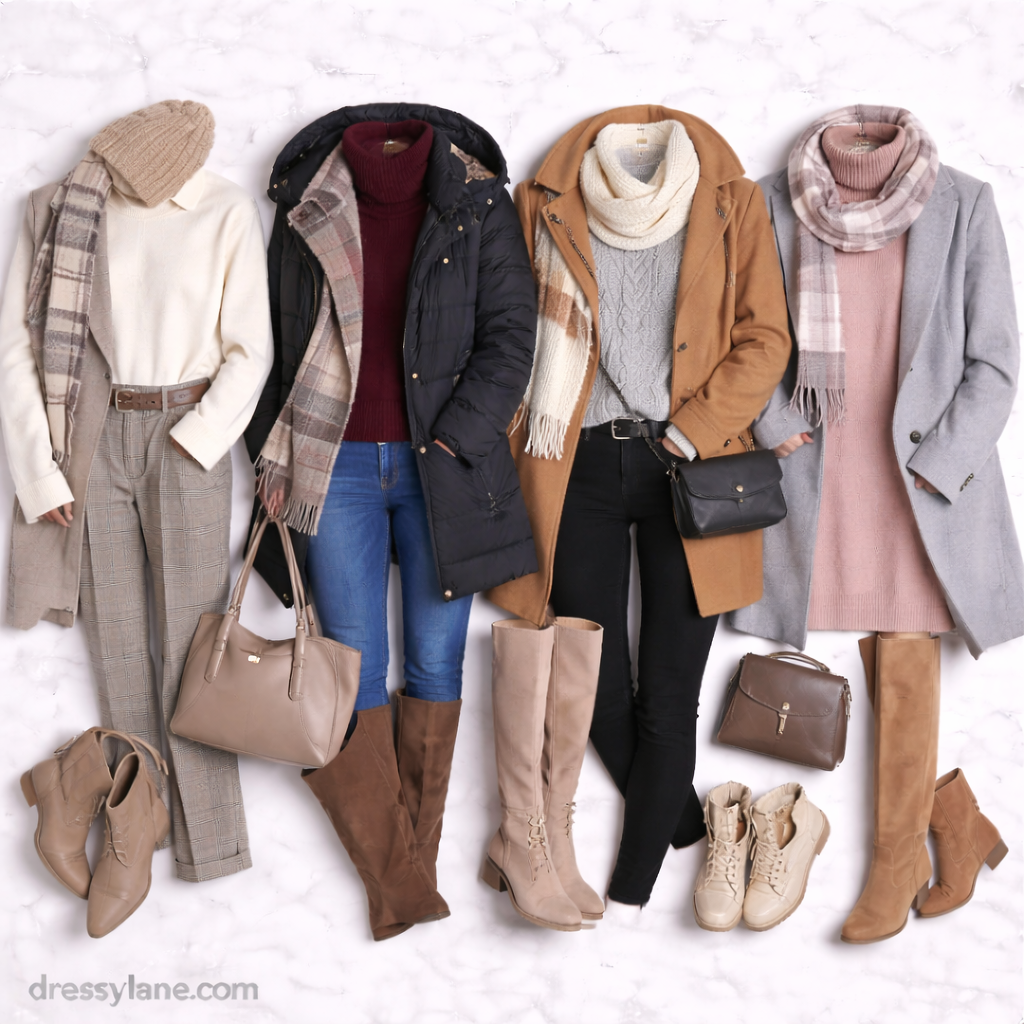 Flat lay of women’s cold morning outfits featuring layered sweaters, coats, scarves, boots, and winter accessories.