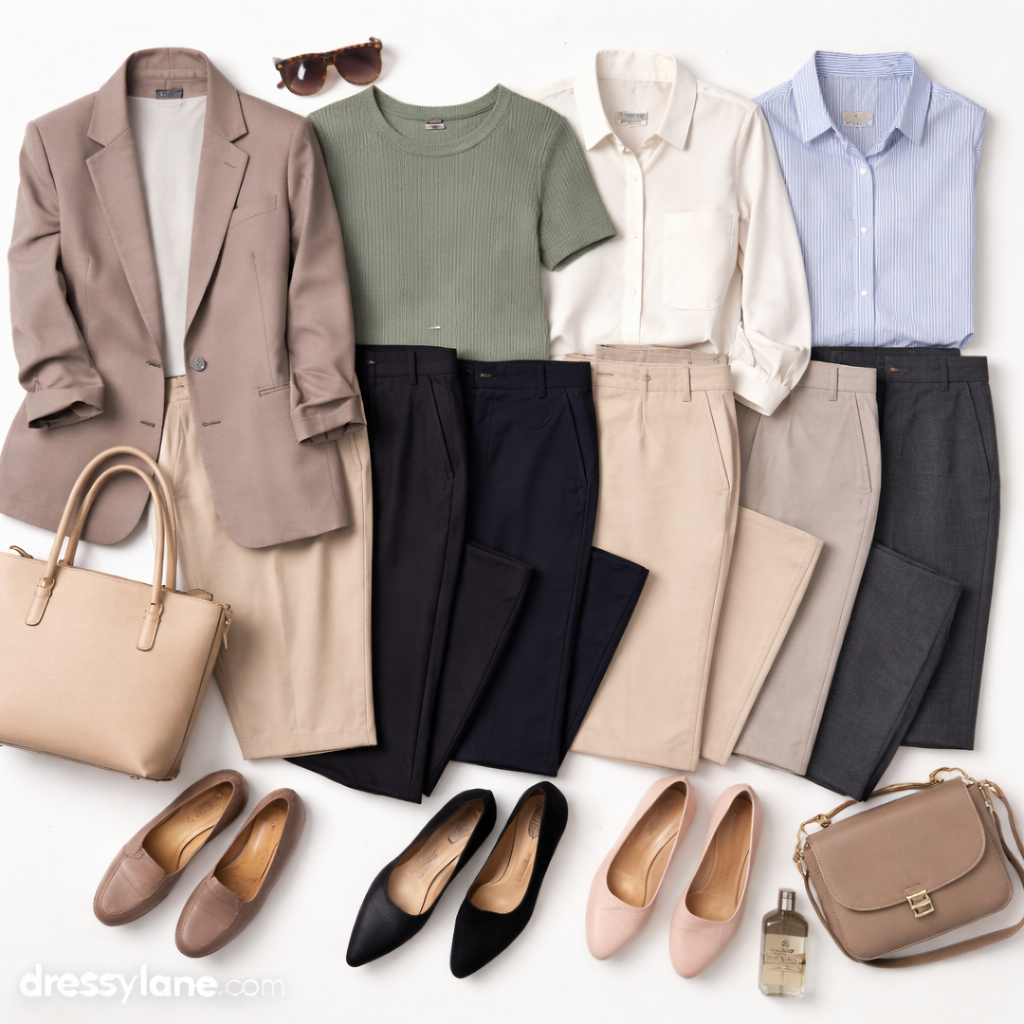 Flat lay of women’s comfortable work outfits featuring tailored trousers, soft knit tops, blazers, loafers, and neutral accessories arranged for a polished office look.
