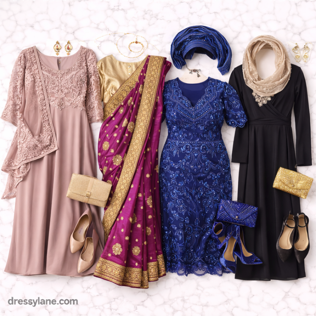 Flat lay of women’s culturally respectful wedding outfits including dresses, saree, formal gown, shoes, jewelry, clutches, and head coverings arranged for elegant celebrations.