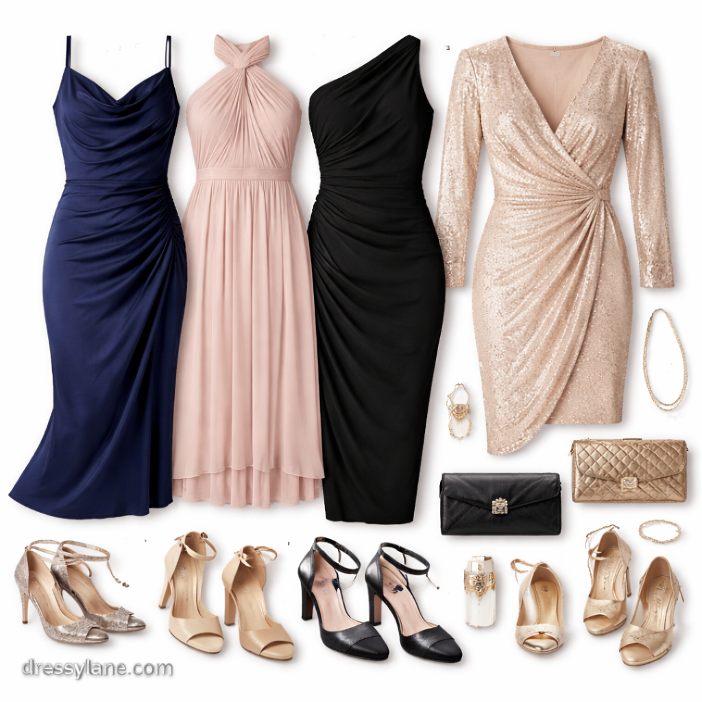 Flat lay of women’s formal dresses and accessories styled for attending weddings and formal events on a budget.