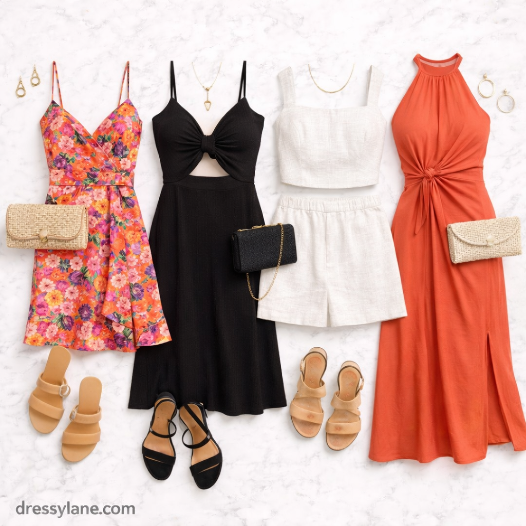 Flat lay of women’s hot night outfits featuring lightweight dresses, breathable two-piece sets, sandals, and evening accessories.