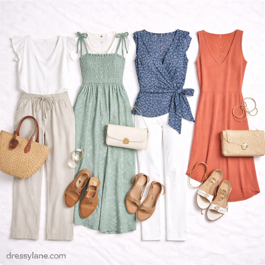 Flat lay of women’s lightweight indoor outfits featuring breathable dresses, relaxed pants, sandals, and accessories designed for humid environments.