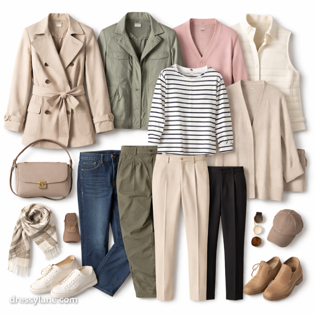 Flat lay of women’s layered clothing pieces designed for outdoor-indoor temperature transitions.