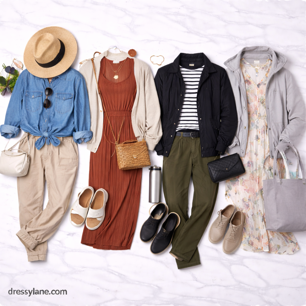 Flat lay of women’s travel outfits featuring comfortable dresses, layered tops, pants, shoes, and accessories designed for long stays and extended trips.