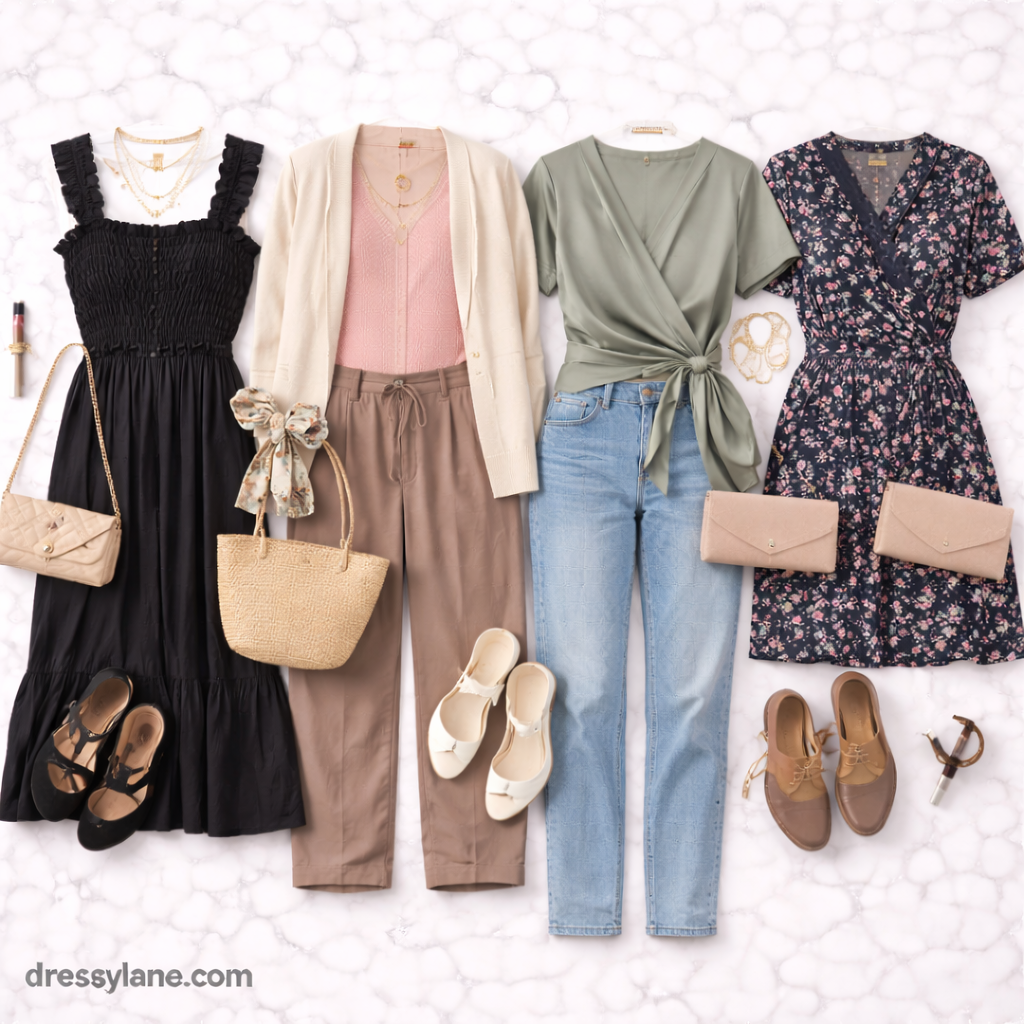 Flat lay of women’s low-effort social event outfits featuring dresses, tops, pants, shoes, bags, and accessories styled for comfort and ease.