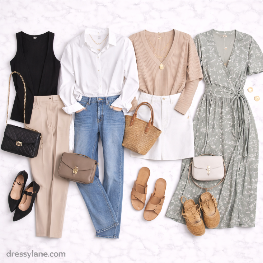 Flat lay of women’s versatile wardrobe pieces featuring neutral tops, dresses, jeans, skirts, shoes, and accessories for dressing well with fewer clothes.