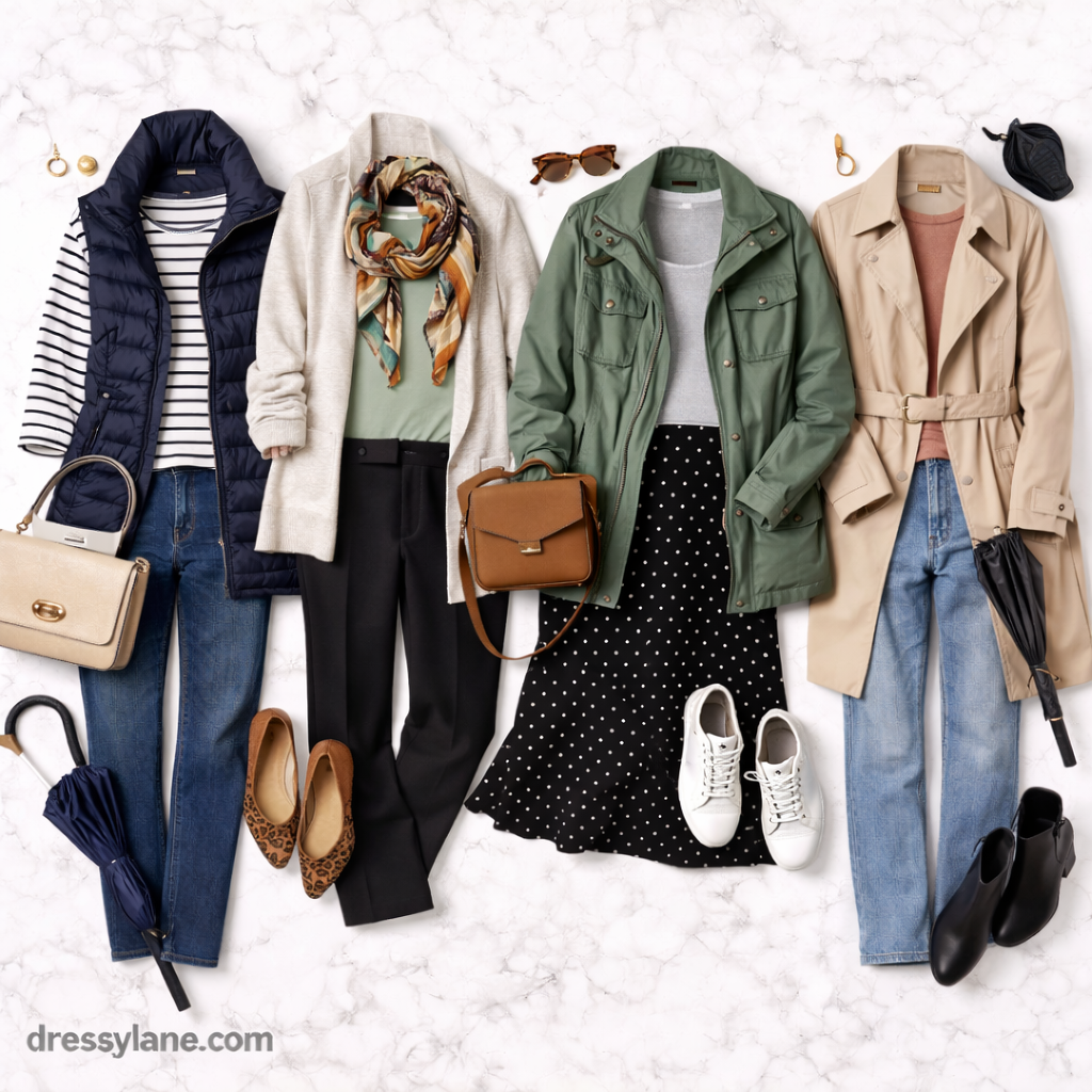 Flat lay of women’s layered outfits with jackets, tops, jeans, skirts, shoes, and accessories designed for rapid weather changes.