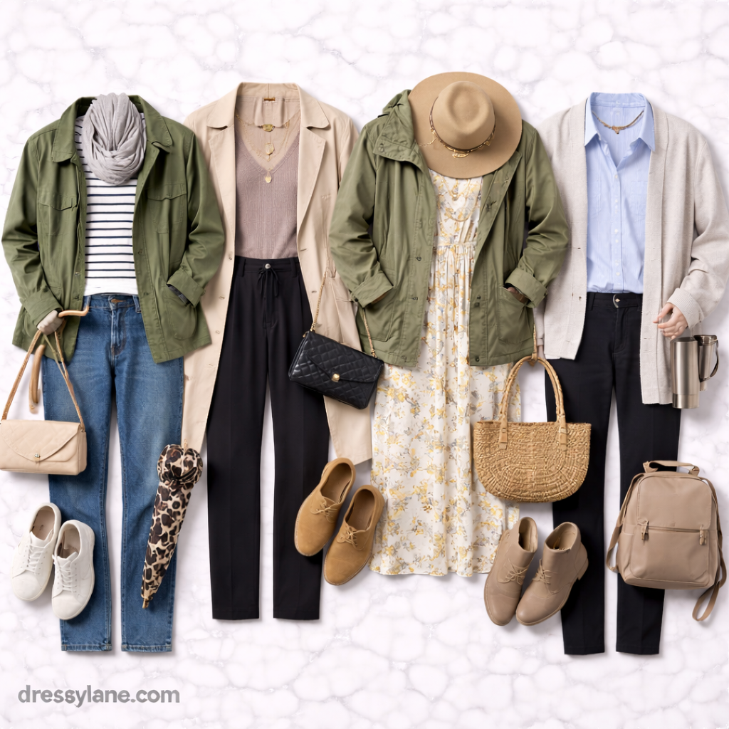 Flat lay of women’s layered outfits with jackets, dresses, tops, pants, shoes, and accessories styled for unpredictable climates.