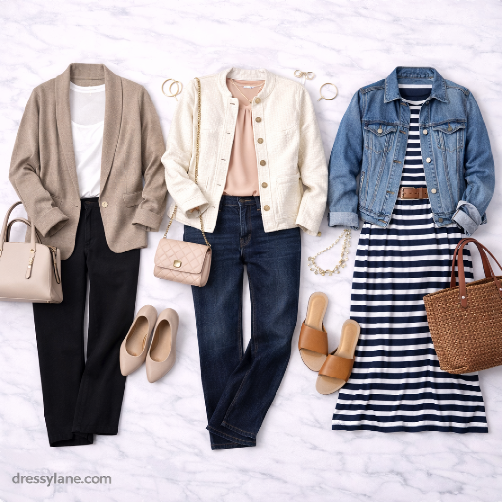 Flat lay of women’s refined outfits featuring blazers, denim, dresses, neutral accessories, and polished footwear styled for timeless everyday elegance.