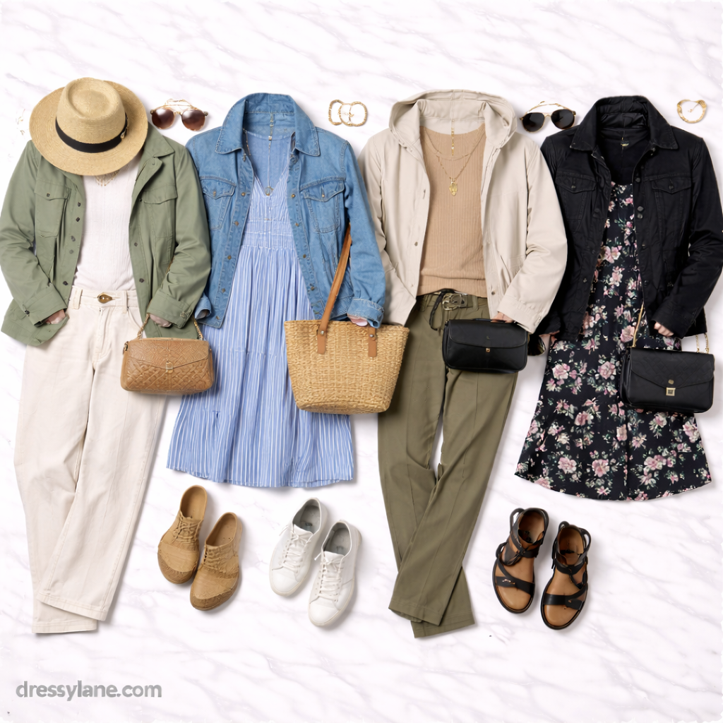 Flat lay of women’s travel outfits featuring layered clothing, dresses, pants, shoes, and accessories designed for short trips and weekend travel.