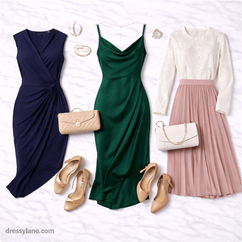 Flat lay of women’s social event outfits featuring elegant dresses, heels, clutches, and refined accessories styled for confident party and event dressing.