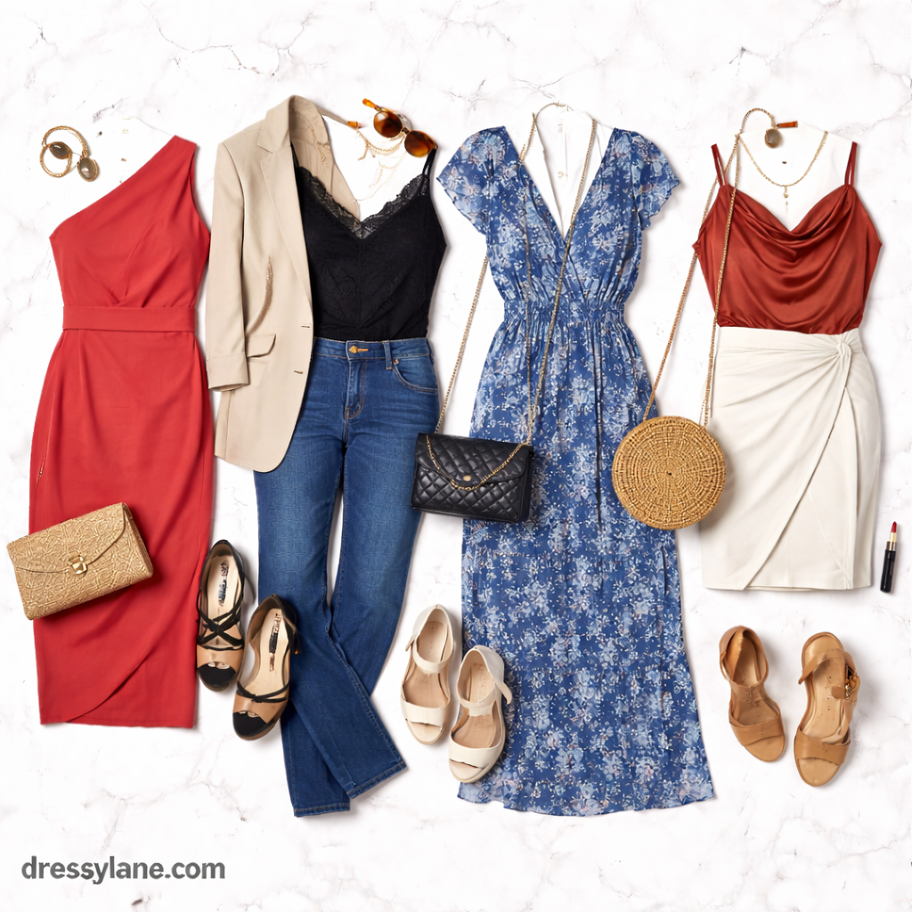 Flat lay of women’s social event outfits including dresses, skirts, tops, shoes, handbags, and accessories styled for effortless gatherings.
