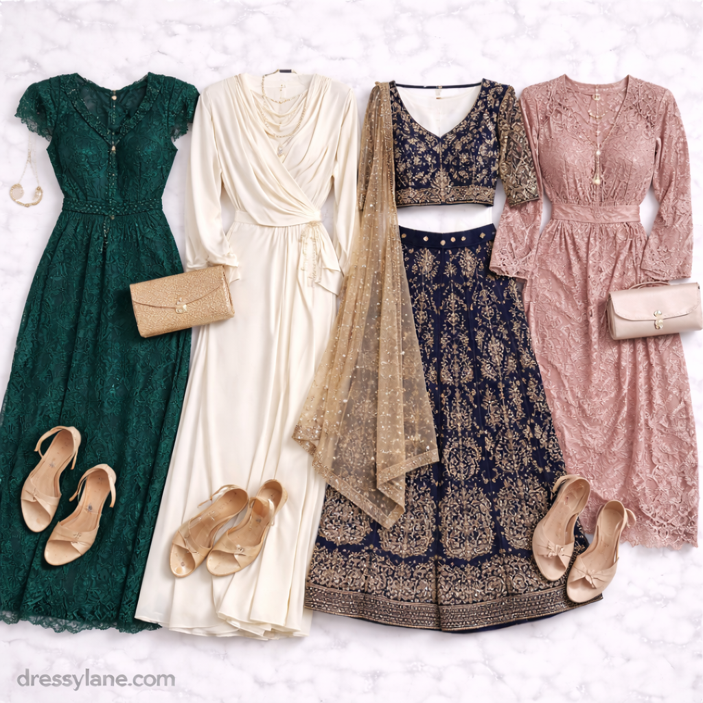 Flat lay of women’s traditional ceremony outfits featuring elegant dresses and cultural formalwear styled for respectful occasions.