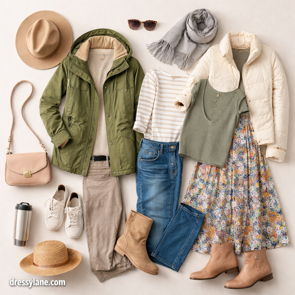 Flat lay of women’s travel outfits designed for changing weather, featuring layered clothing and versatile accessories.