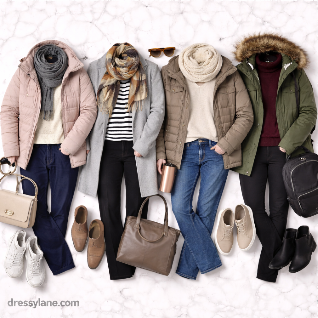 Flat lay of women’s cold-weather travel outfits featuring jackets, sweaters, scarves, pants, shoes, and accessories arranged for staying warm while traveling.