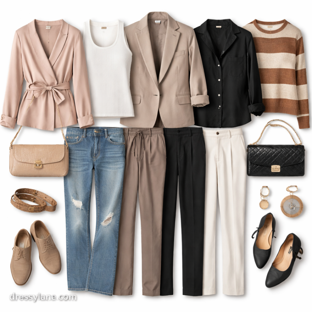 Flat lay of women’s clothing pieces styled to create balanced outfits when clothes do not fit perfectly.