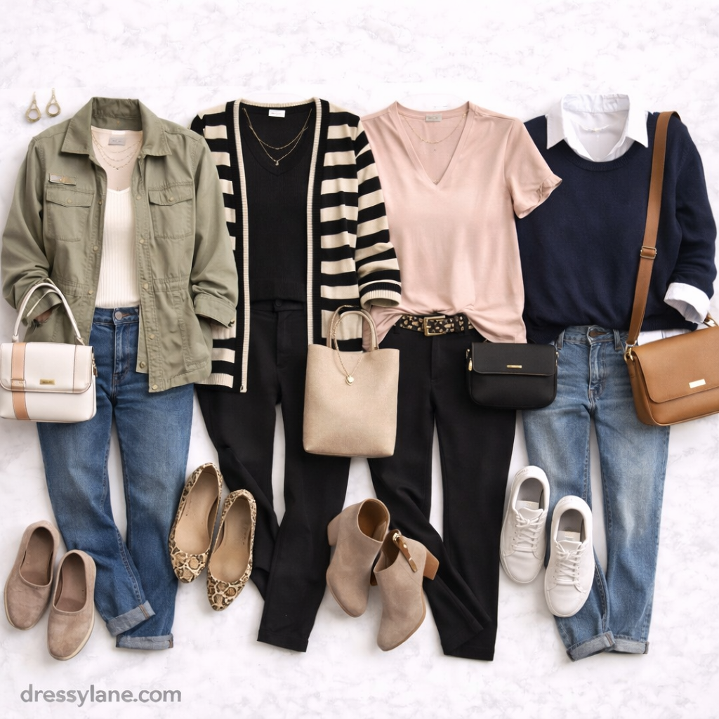 Flat lay of women’s everyday outfits featuring versatile tops, jeans, layers, shoes, and accessories designed for refreshing a wardrobe.