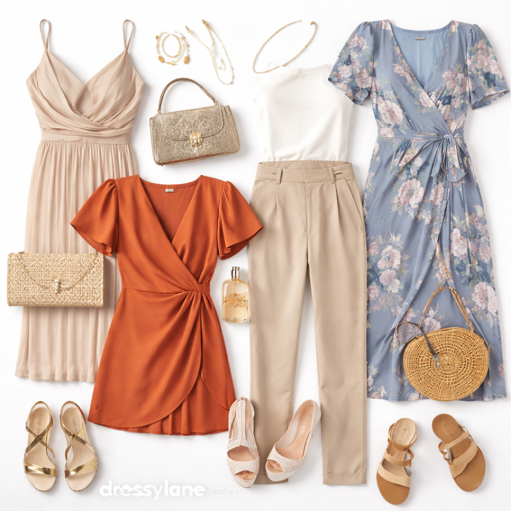 Flat lay of women’s wedding guest outfits featuring dresses, tailored separates, shoes, and accessories styled for multiple wedding events.