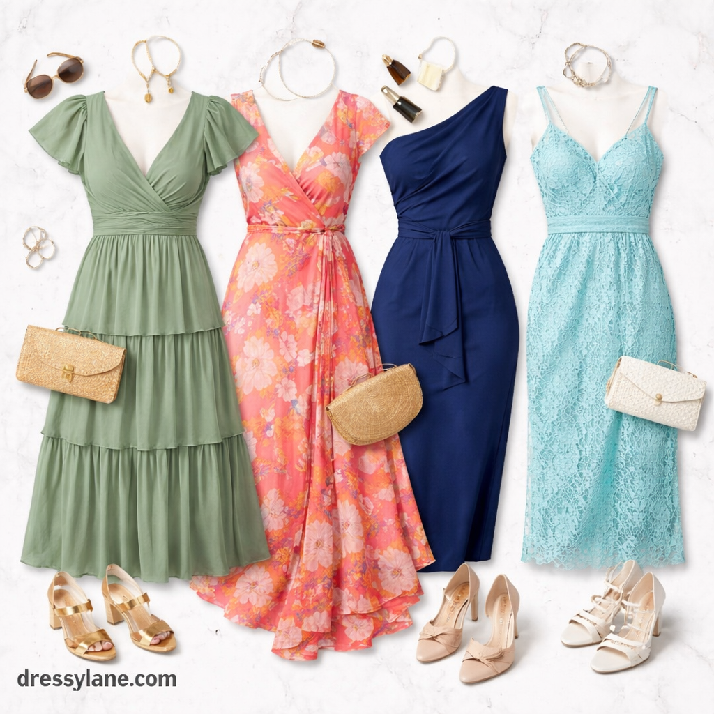 Flat lay of women’s wedding guest outfits including dresses, shoes, clutches, and accessories arranged for travel-friendly wedding attire.