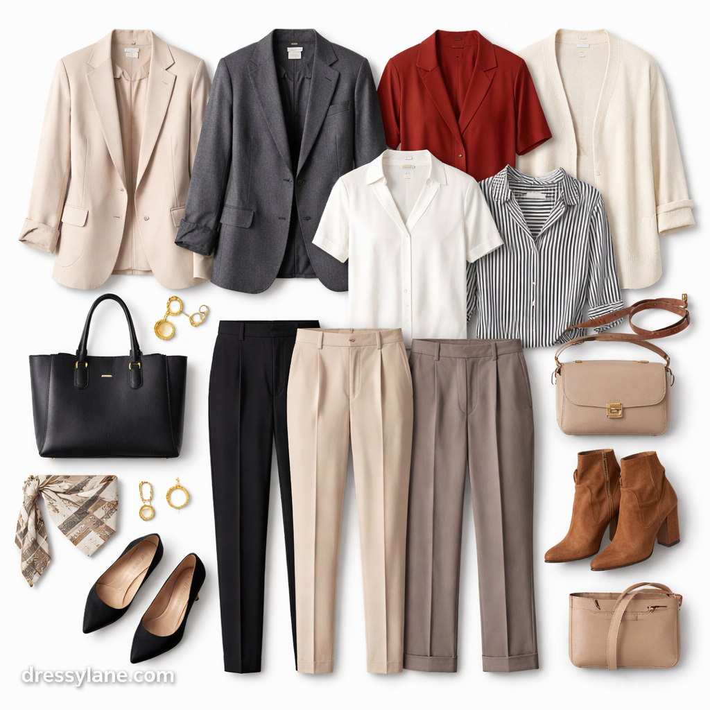 Flat lay of women’s workwear clothing showing how to dress for work without buying new clothes.