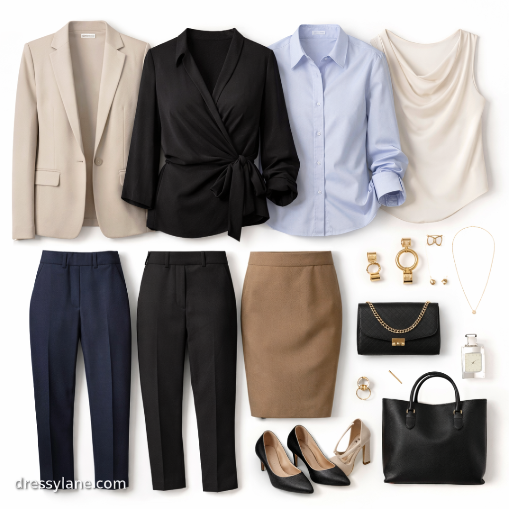 Flat lay of women’s workwear clothing pieces styled to maximize outfits with limited closet space.
