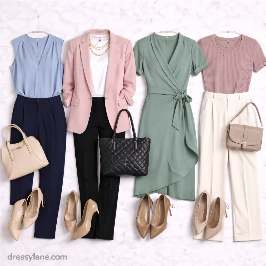 Flat lay of women’s professional work outfits featuring blouses, blazers, dresses, trousers, shoes, and accessories styled for a new job.