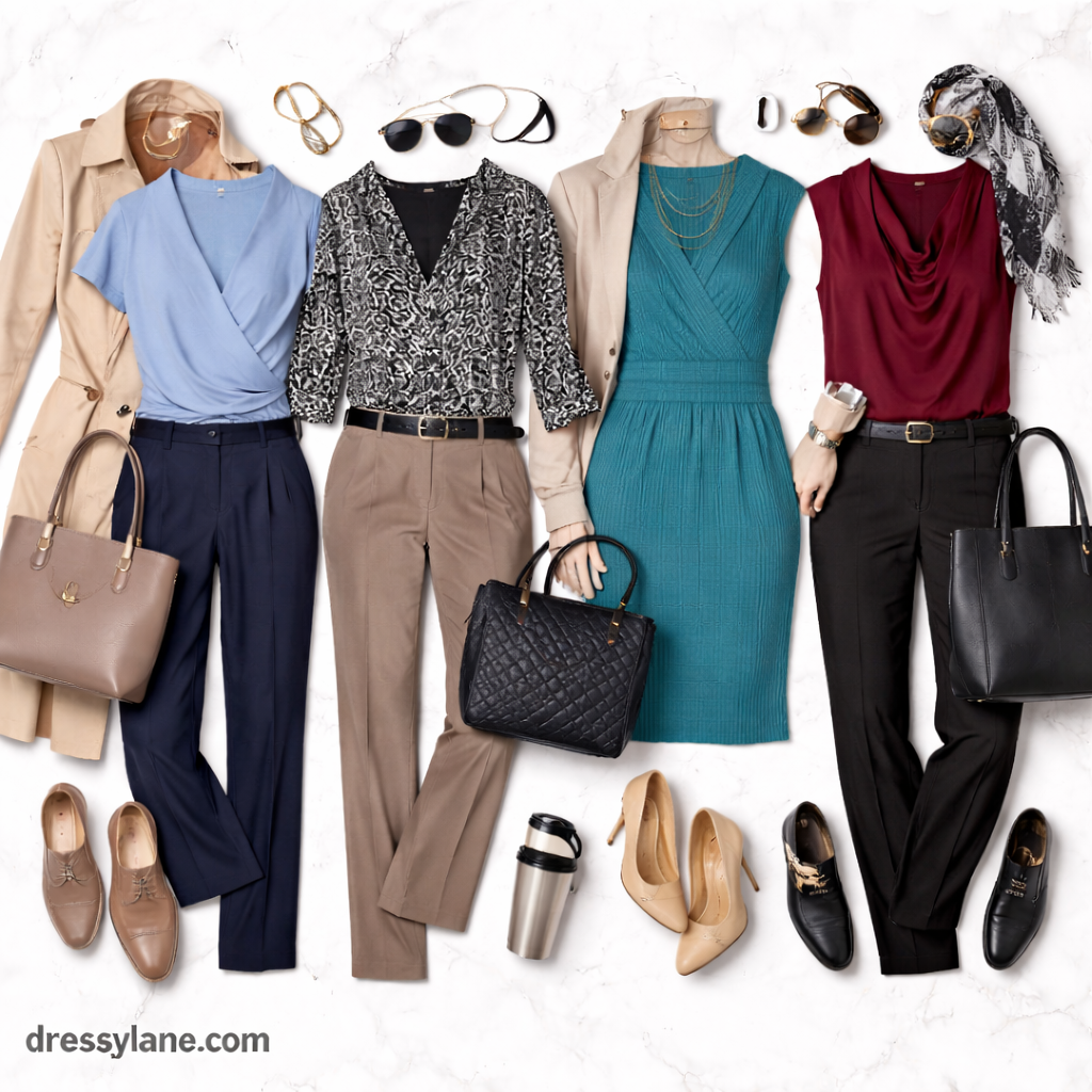Flat lay of women’s commute-friendly work outfits including blouses, trousers, dresses, shoes, bags, and accessories arranged for professional daily wear.